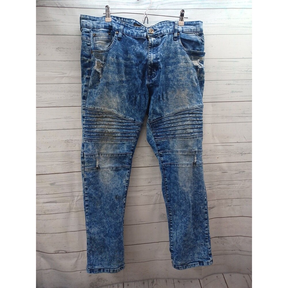 WT 02 Pants Mens Blue Denim Jeans Distressed Acid Wash Cotton Blend 42x32